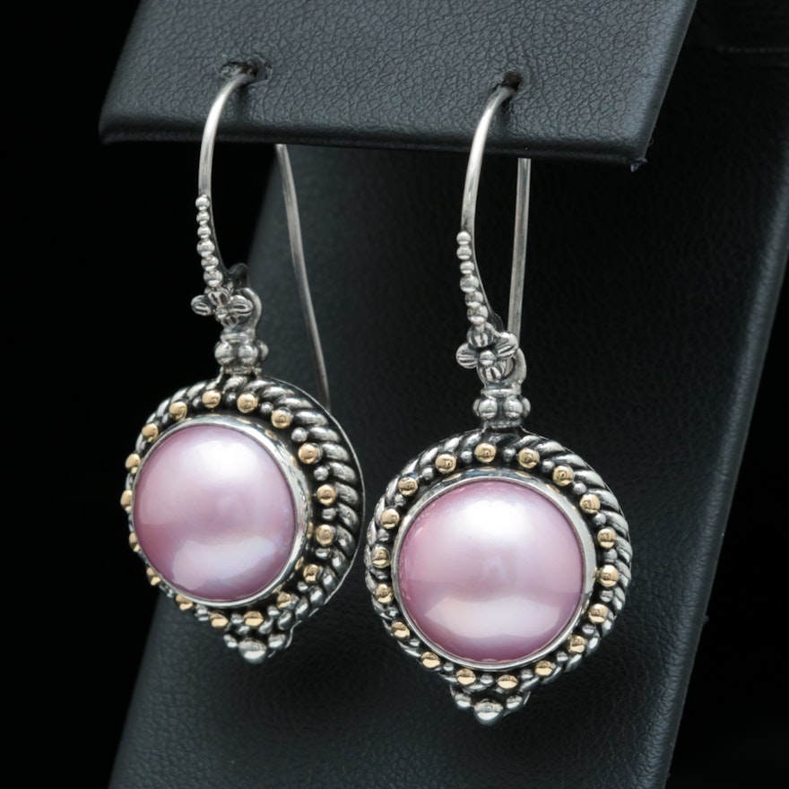 Robert Manse Sterling Silver, 18K Yellow Gold and Pink Mabé Pearl Dangle Earring