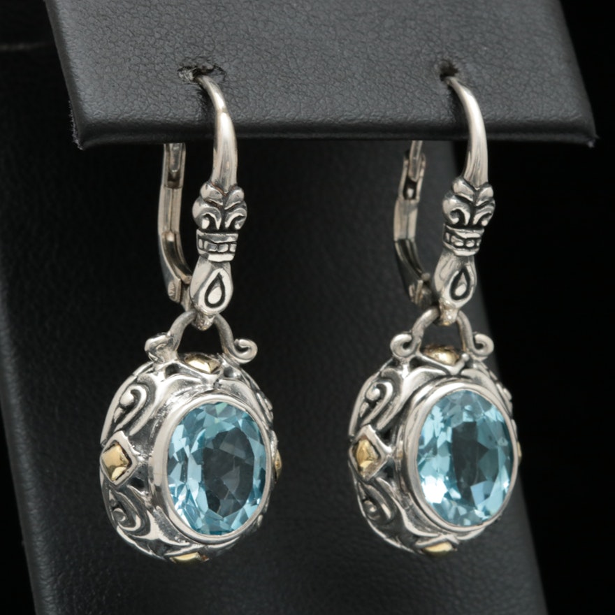 Robert Manse Sterling Silver, 18K Yellow Gold and Blue Topaz Dangle Earrings