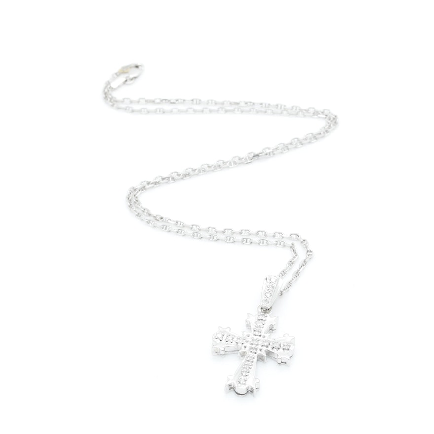 14K White Gold Diamond Cross Pendant Necklace