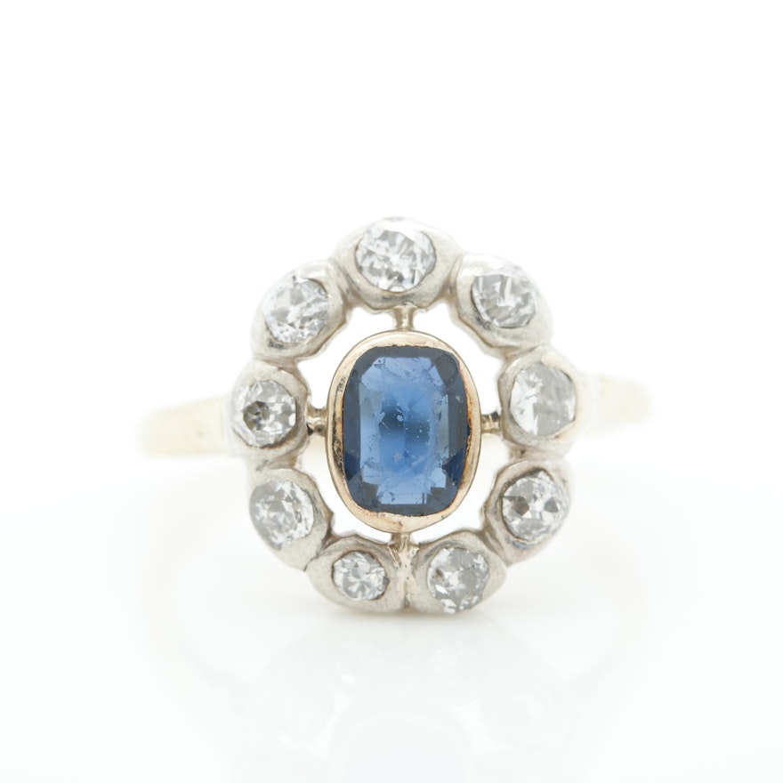 14K Yellow Gold and Sterling Silver Synthetic Sapphire and Diamond Ring