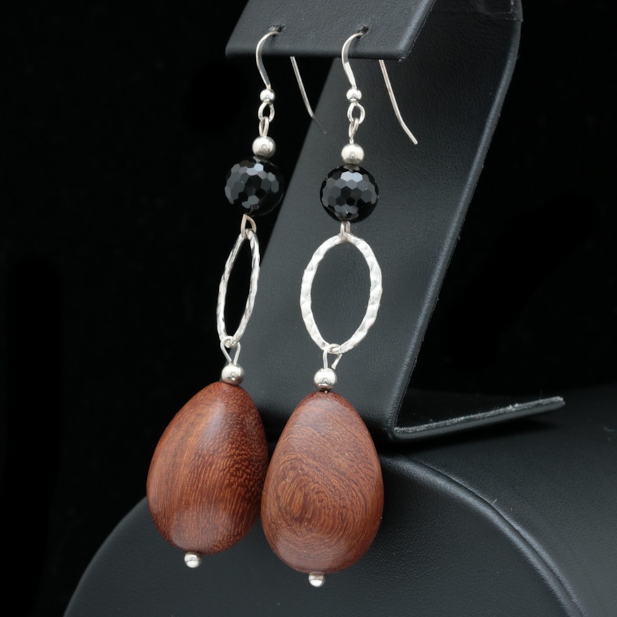 Sterling Silver, Wood and Plastic Bead Dangle Earrings