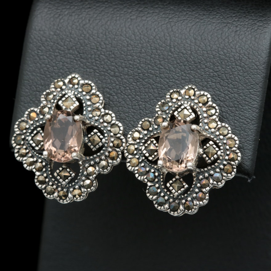 Sterling Silver, Smoky Quartz and Marcasite Earrings