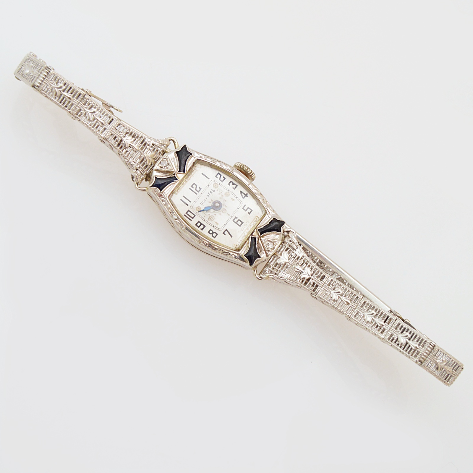 Art Deco Hoffres 14K White Gold, Diamond and Blue Glass Watch