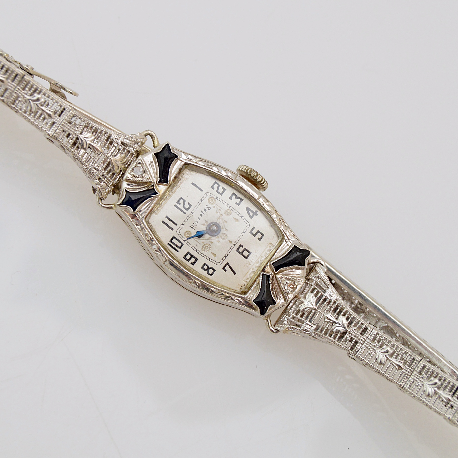 Art Deco Hoffres 14K White Gold, Diamond and Blue Glass Watch