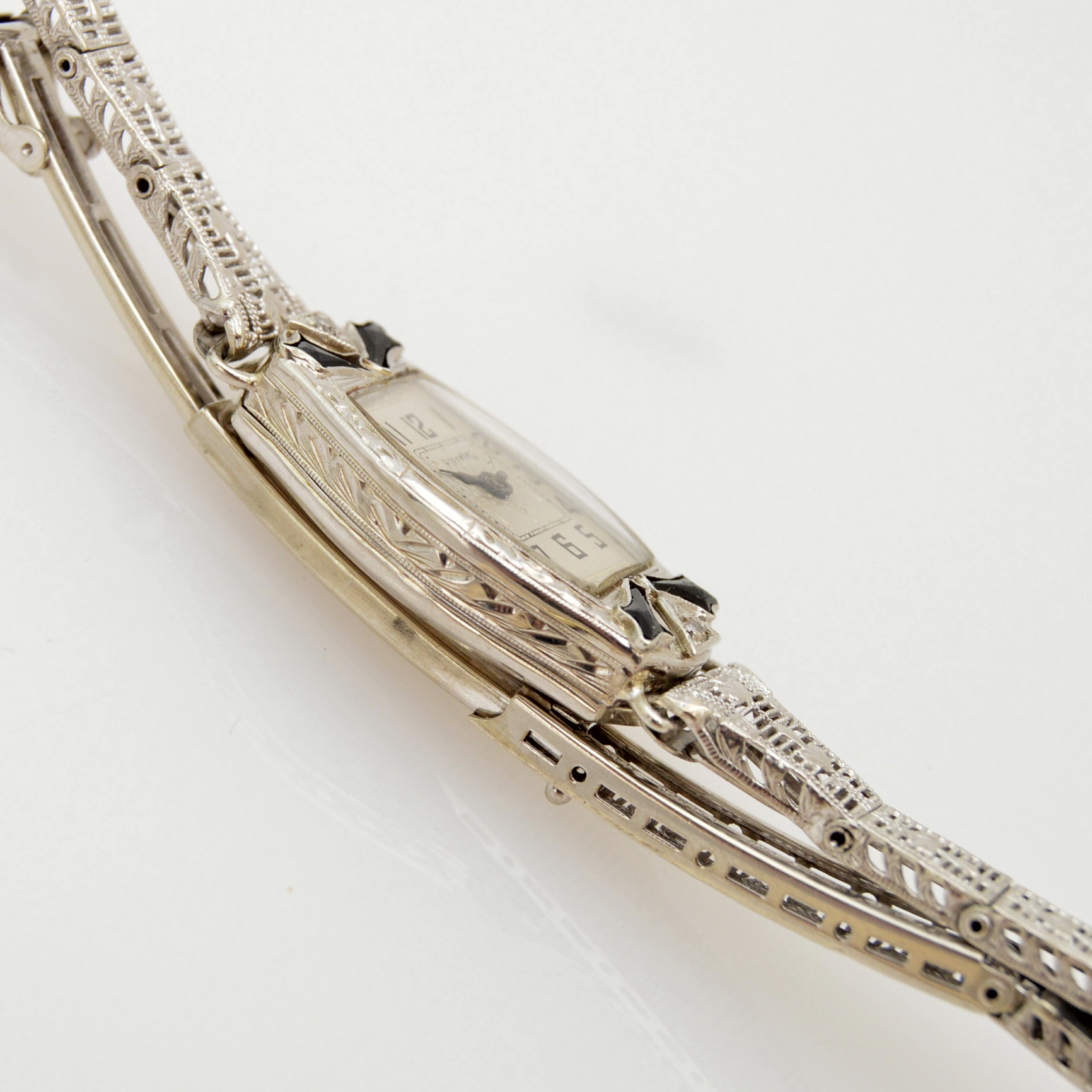 Art Deco Hoffres 14K White Gold, Diamond and Blue Glass Watch