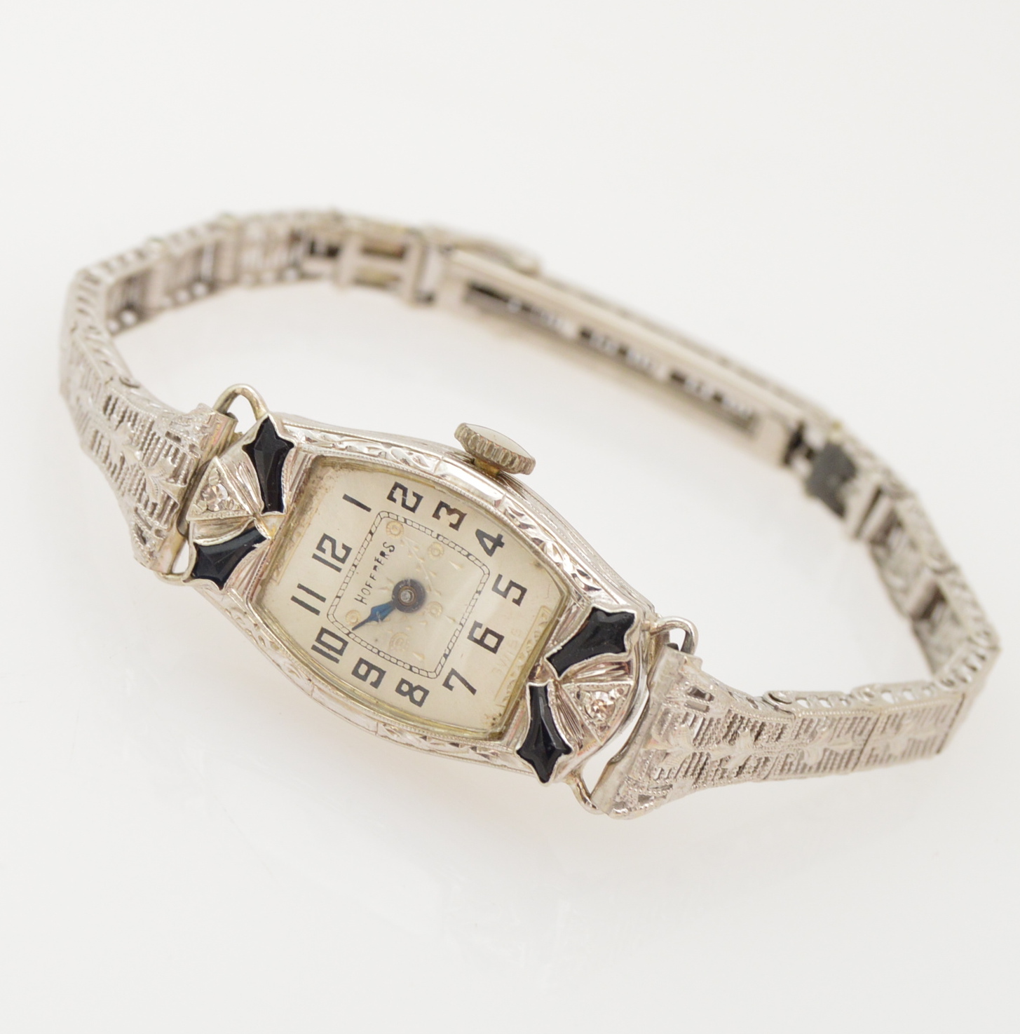 Art Deco Hoffres 14K White Gold, Diamond and Blue Glass Watch