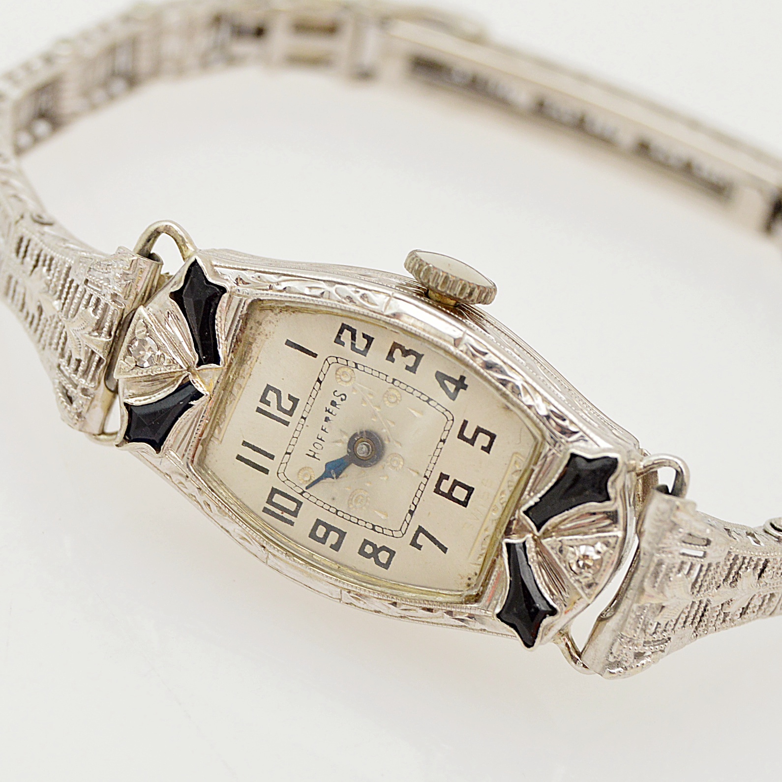 Art Deco Hoffres 14K White Gold, Diamond and Blue Glass Watch