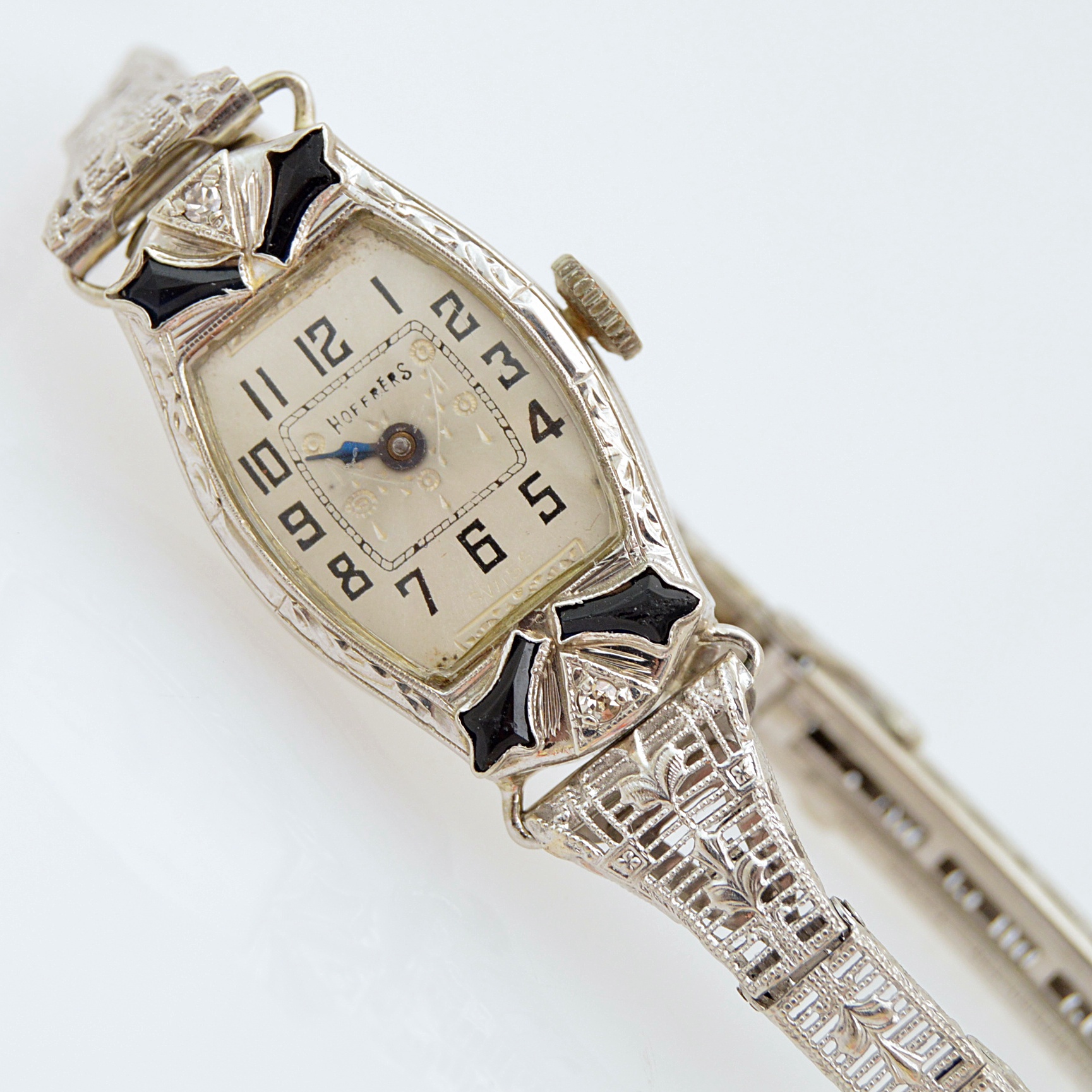 Art Deco Hoffres 14K White Gold, Diamond and Blue Glass Watch