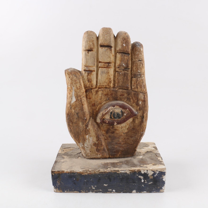 Folk Art Style Polychrome Sculpture of Hand with All Seeing Eye