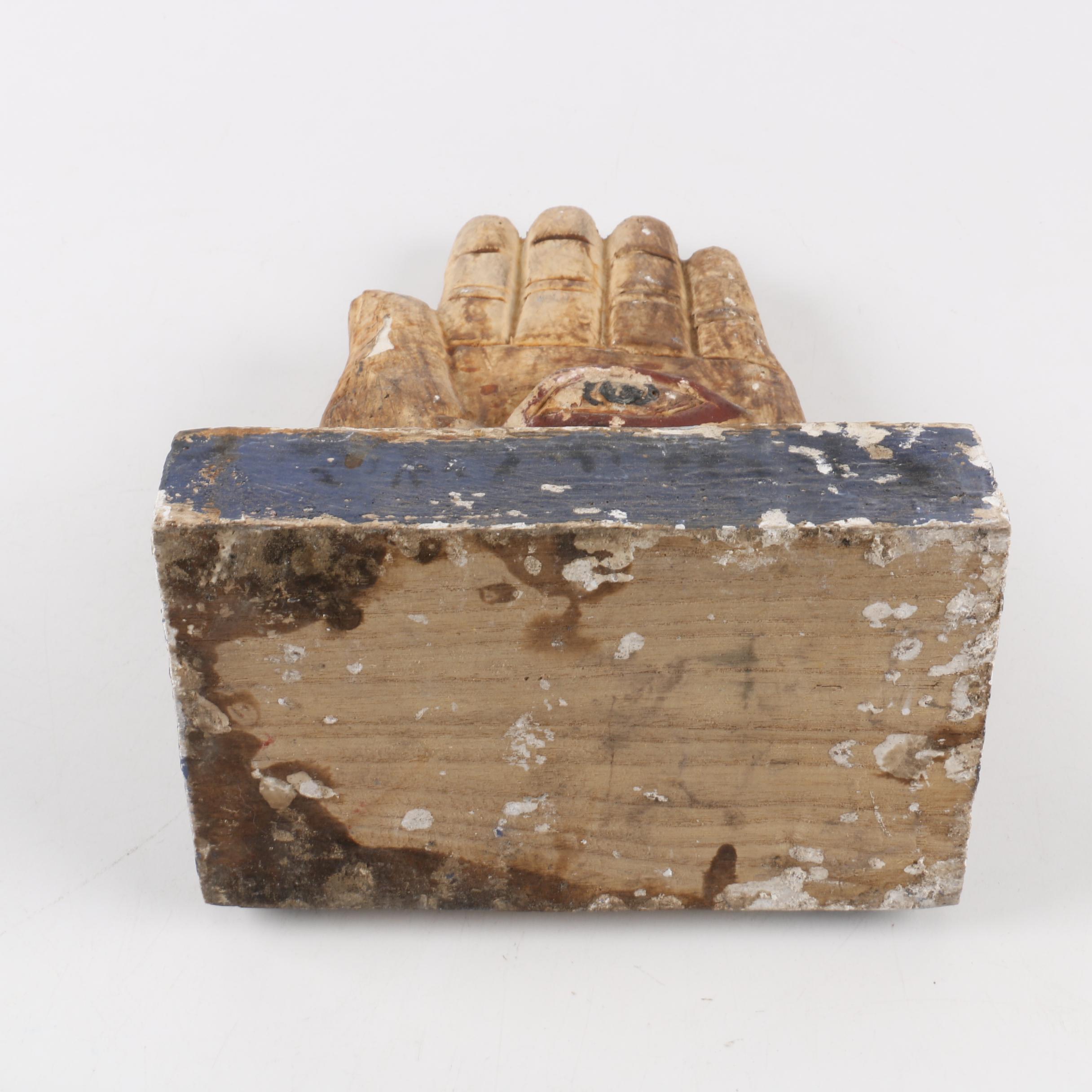 Folk Art Style Polychrome Sculpture of Hand with All Seeing Eye
