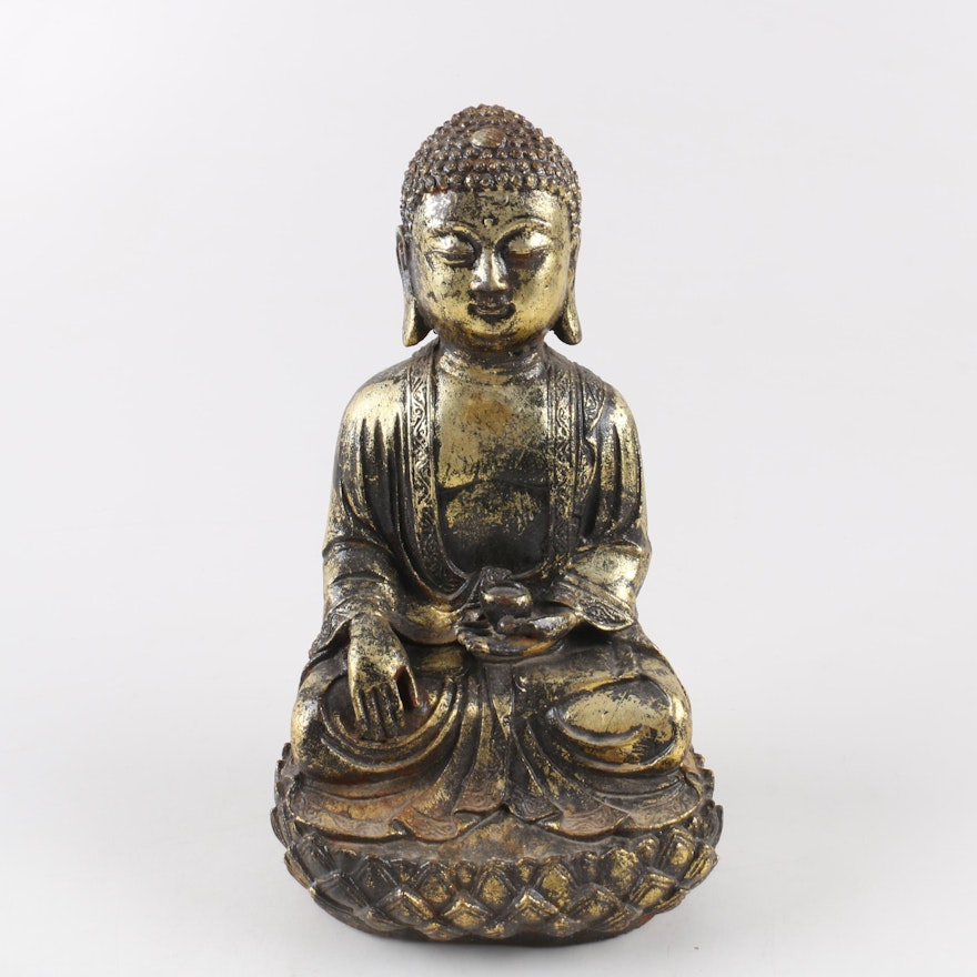 Gold-Tone Gautama Buddha on Lotus Statue
