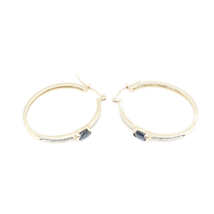 14K Yellow Gold Blue Sapphire and Diamond Hoop Earrings