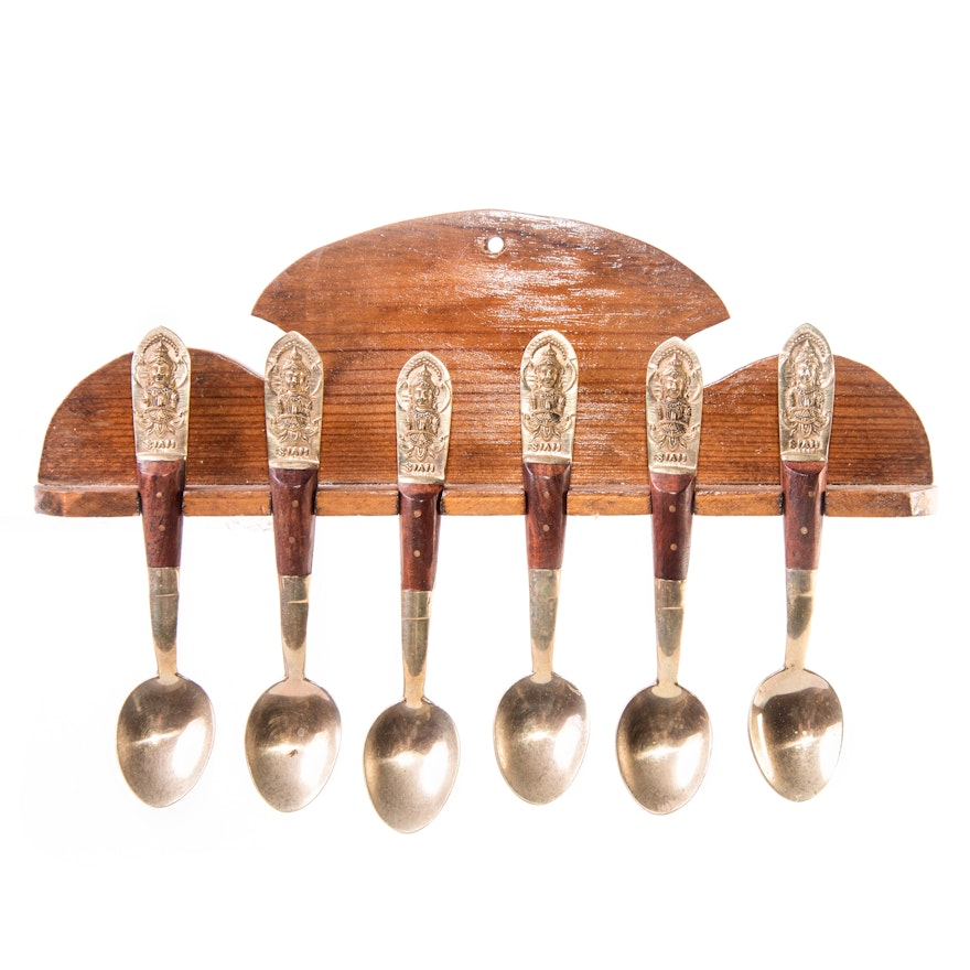 Vintage Siam Teak Handled Spoons with Display Rack