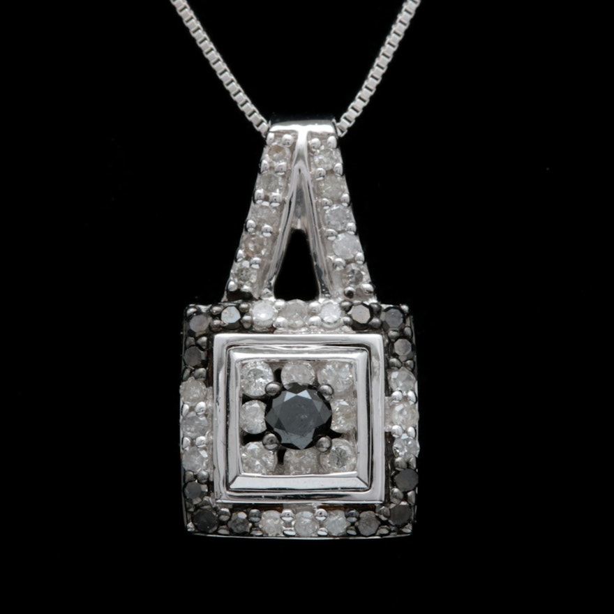 Sterling Silver, Black Diamond and Diamond Pendant with Chain