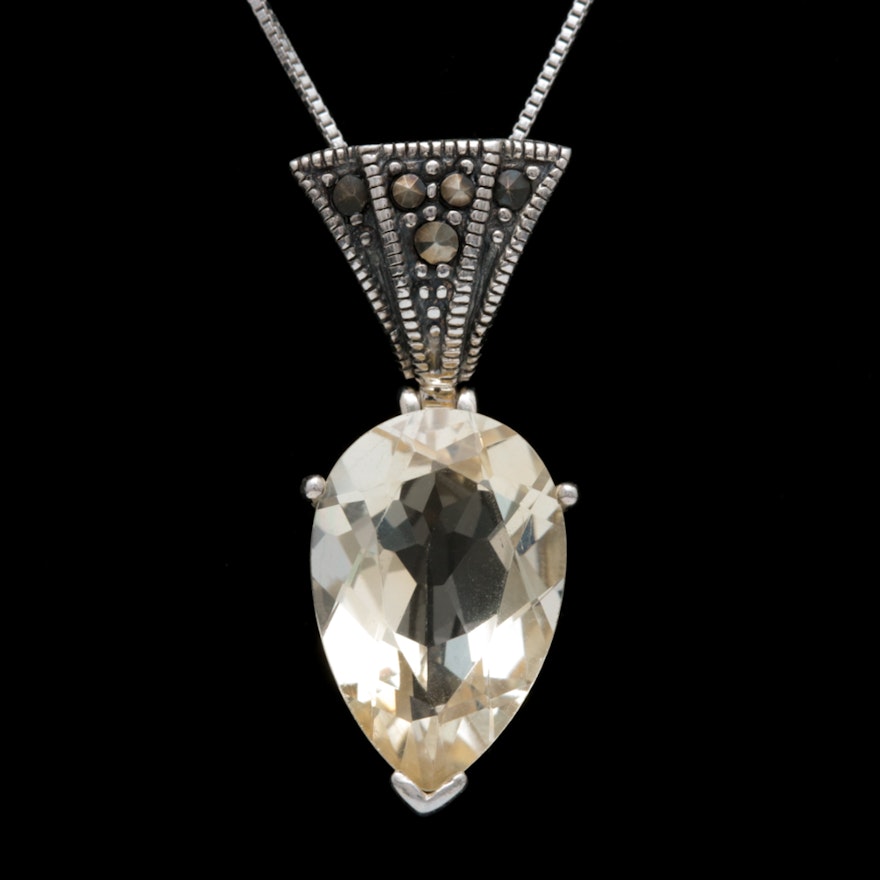 Sterling Silver, Citrine and Marcasite Pendant with Chain