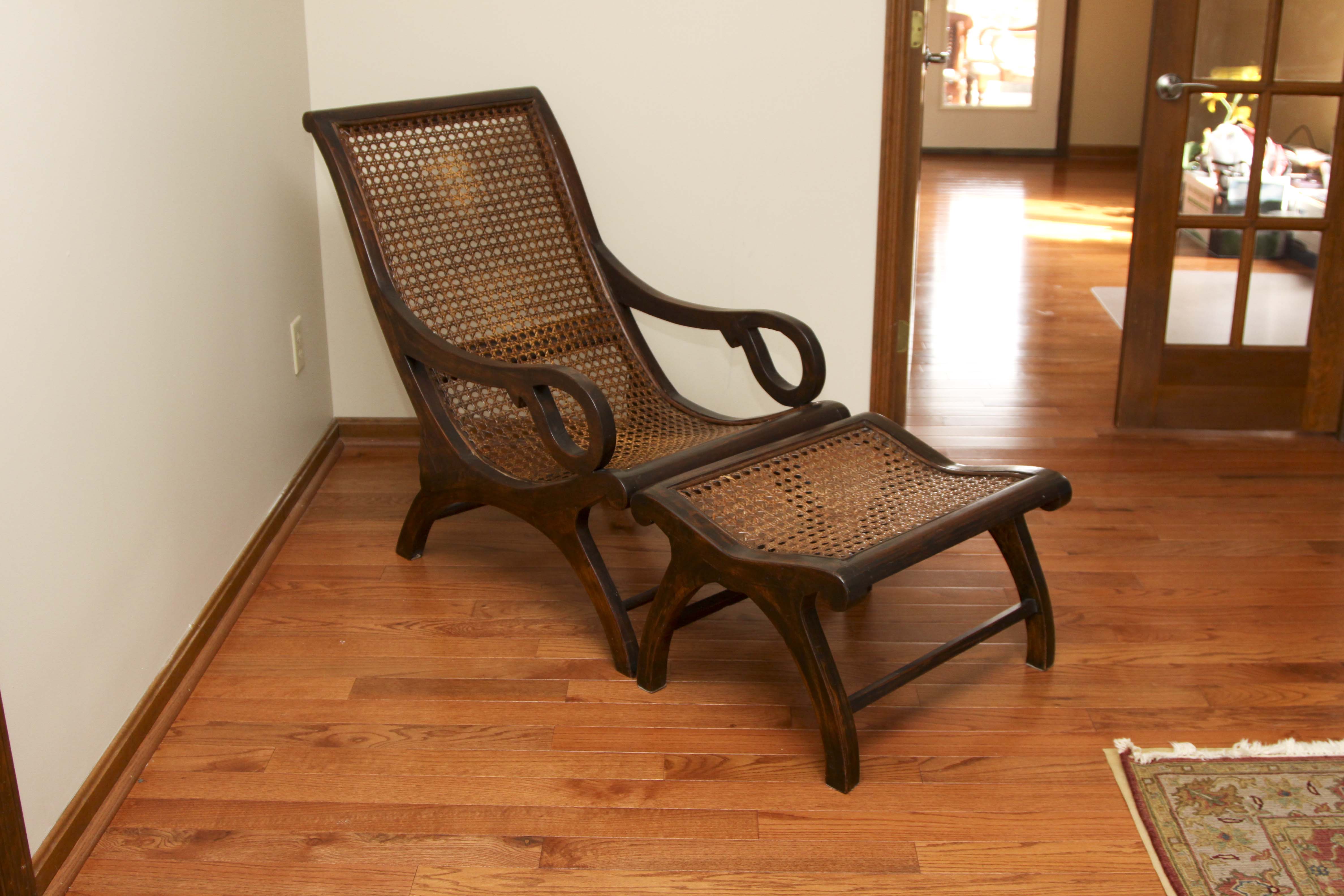 Asian Inspired Caned "Safari" Style Lounge Chair and Ottoman