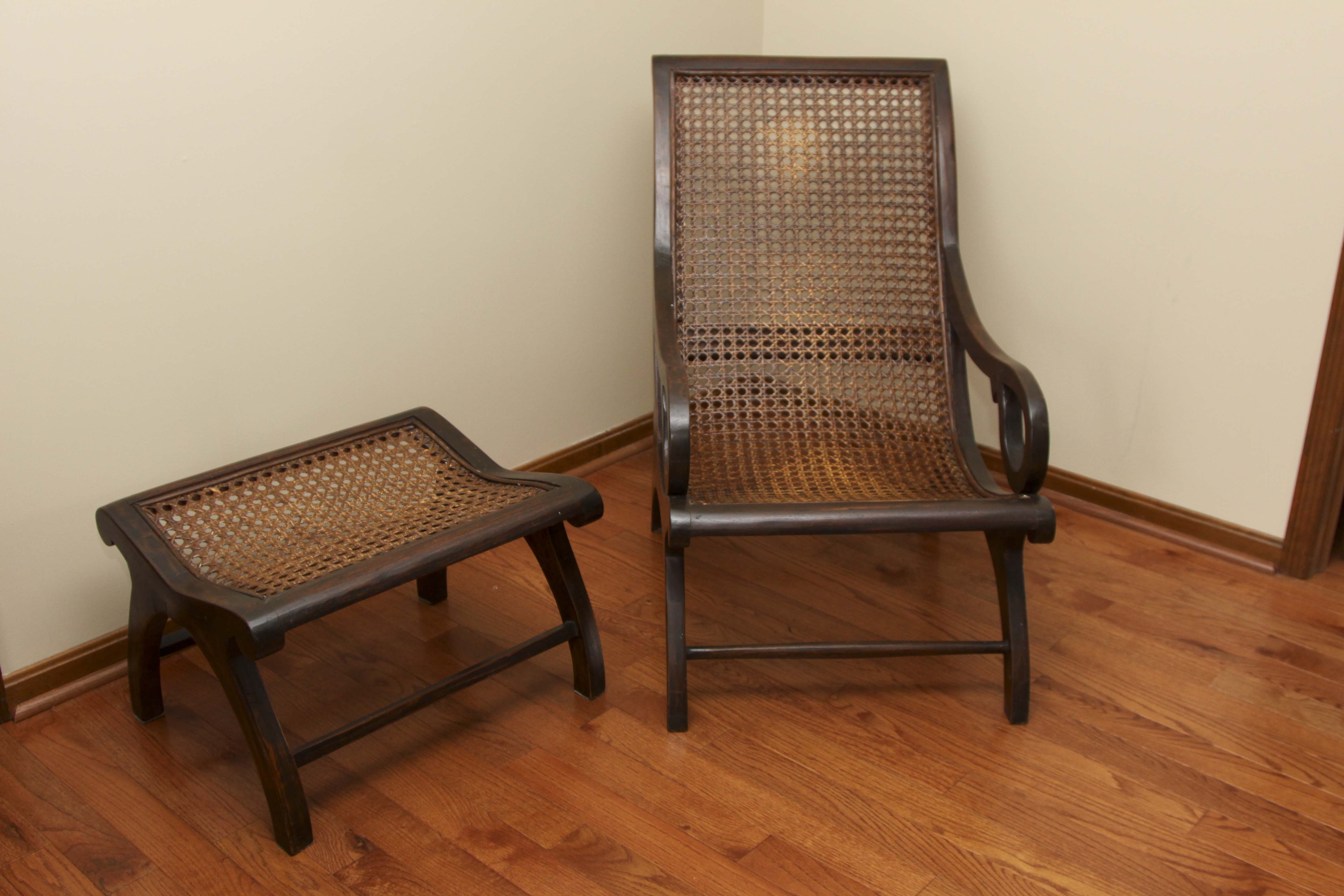 Asian Inspired Caned "Safari" Style Lounge Chair and Ottoman