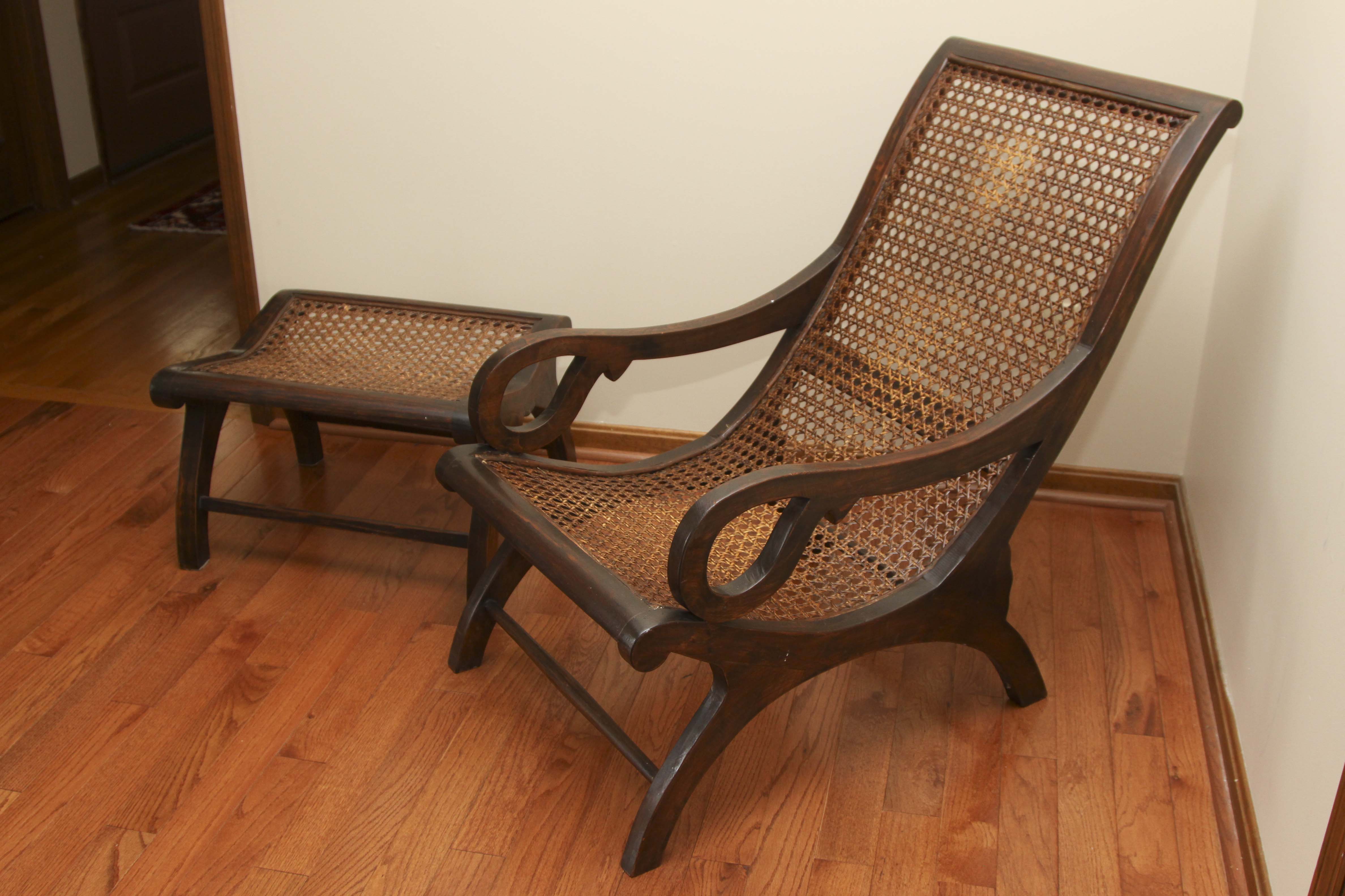 Asian Inspired Caned "Safari" Style Lounge Chair and Ottoman
