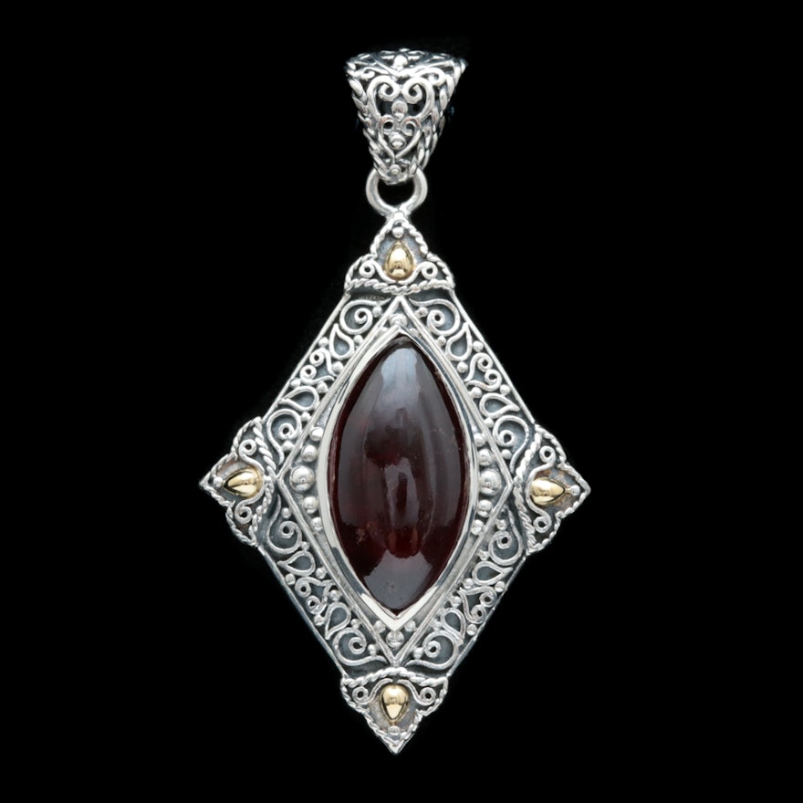 Sterling Silver, 18K Yellow Gold and Hessonite Garnet Pendant