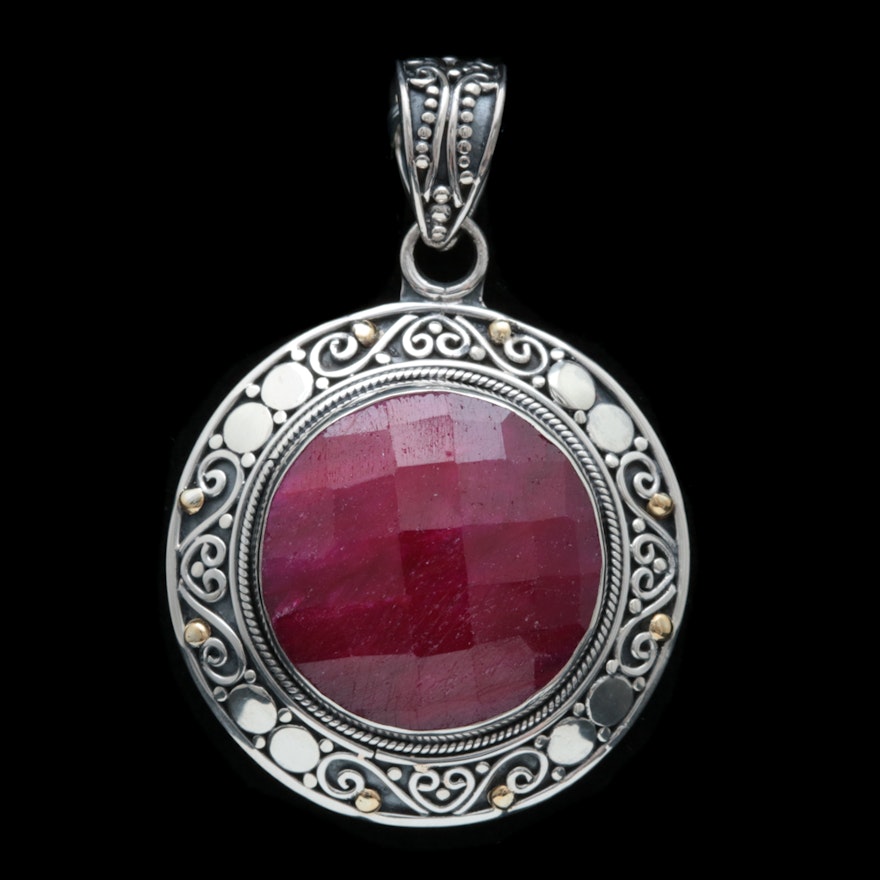 Sterling Silver, 18K Yellow Gold and Dyed Red Corundum Pendant