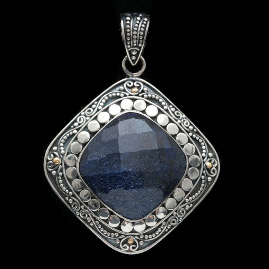 Sterling Silver, 18K Yellow Gold and Dyed Blue Corundum Pendant