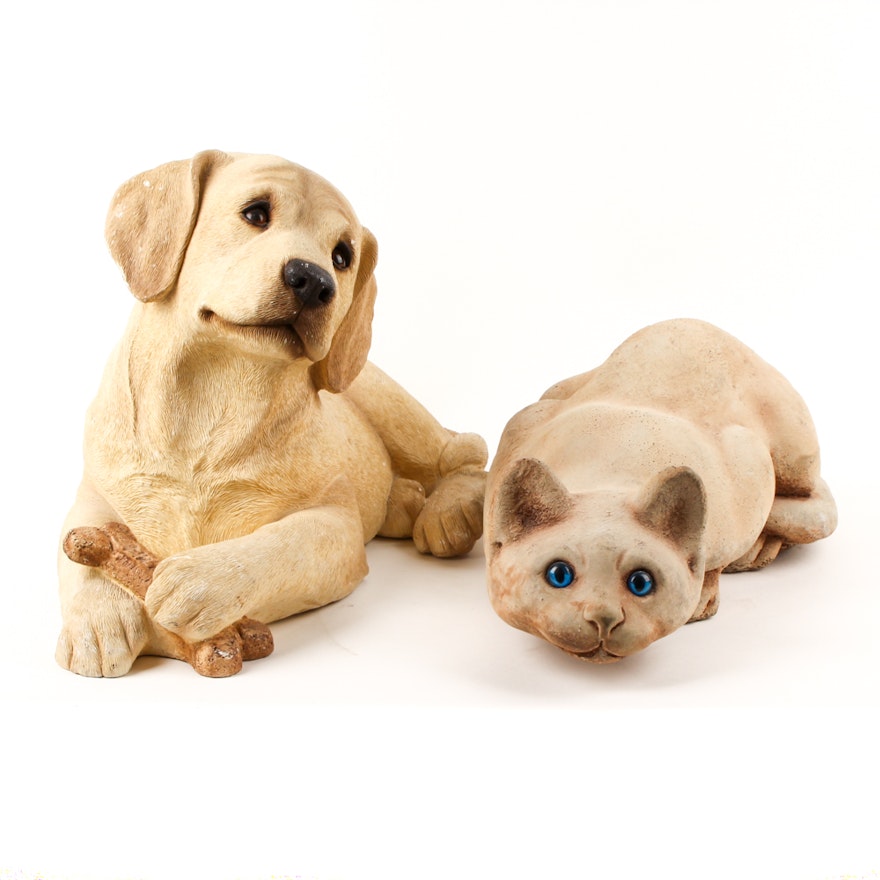Hand Painted Sandicast Dog Figurine and Ceramic Cat Figurine