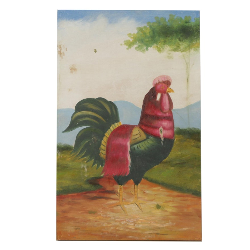 Naïve Oil Painting of a Rooster