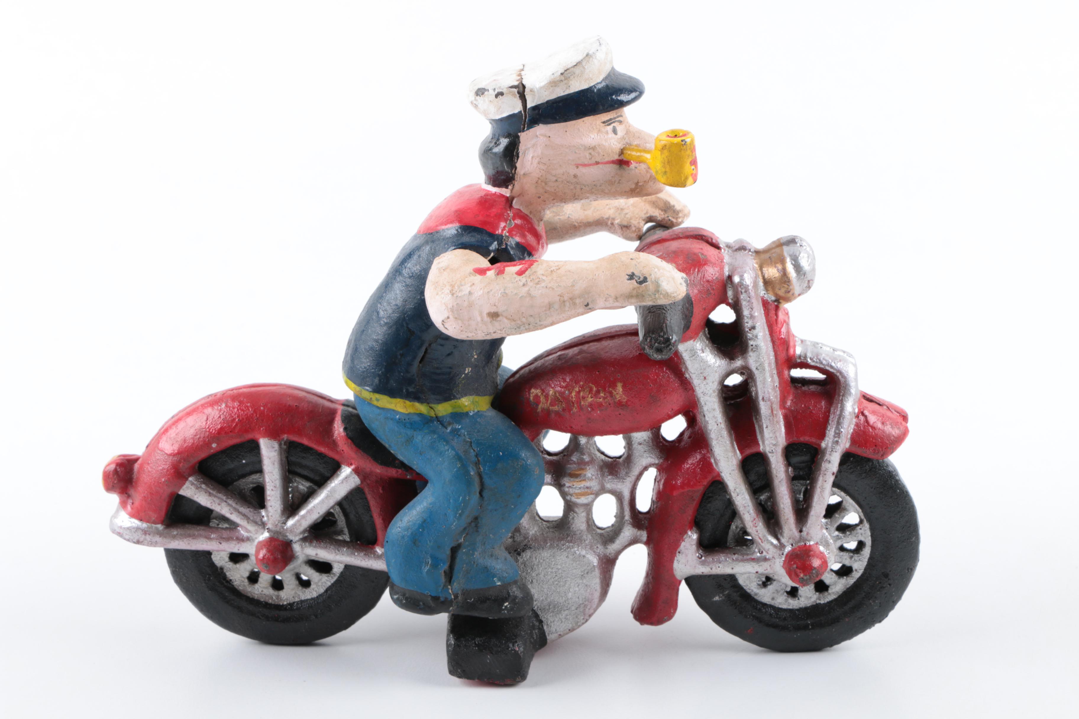 Reproduction Cast Iron Popeye on Motorcycle Toy