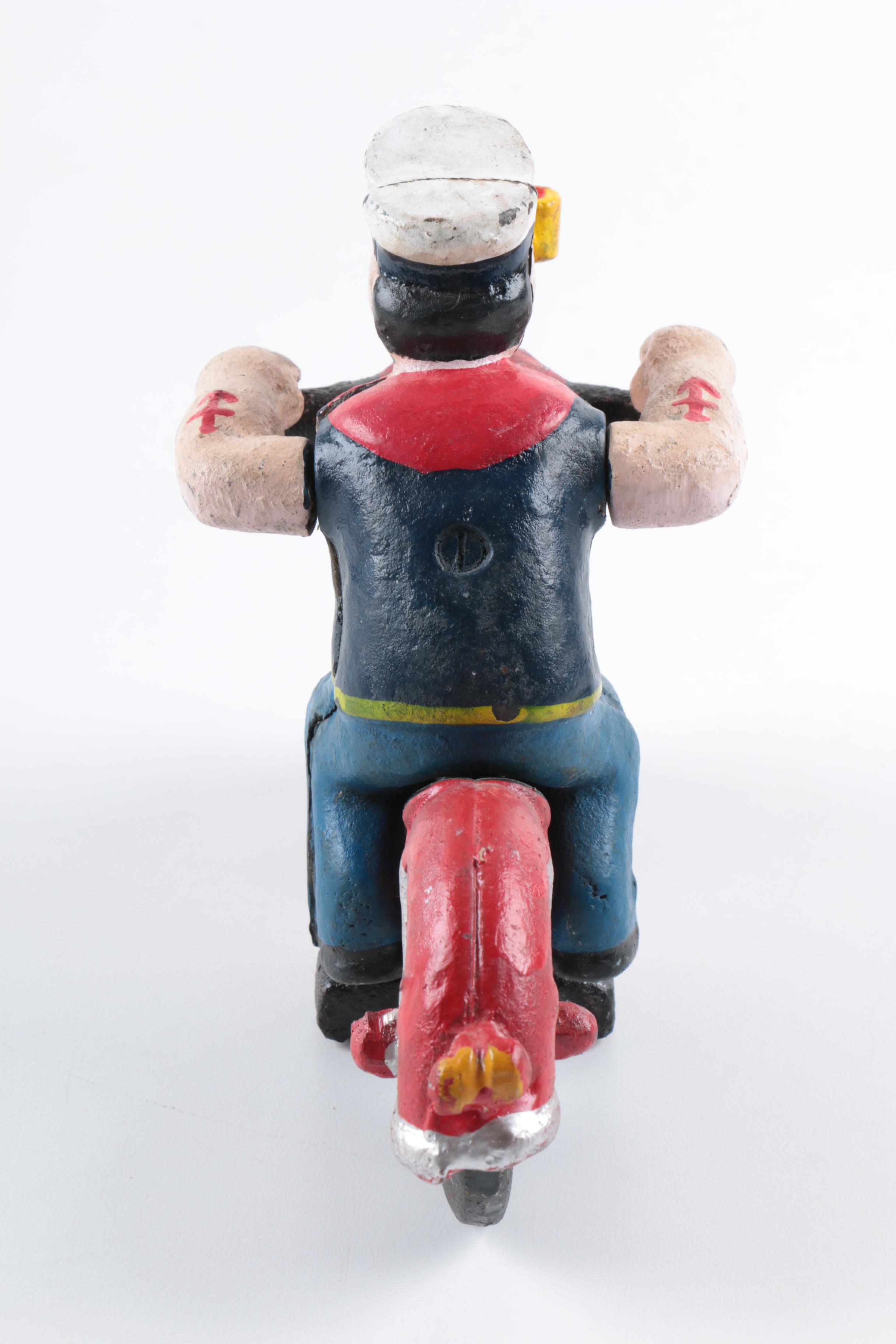 Reproduction Cast Iron Popeye on Motorcycle Toy
