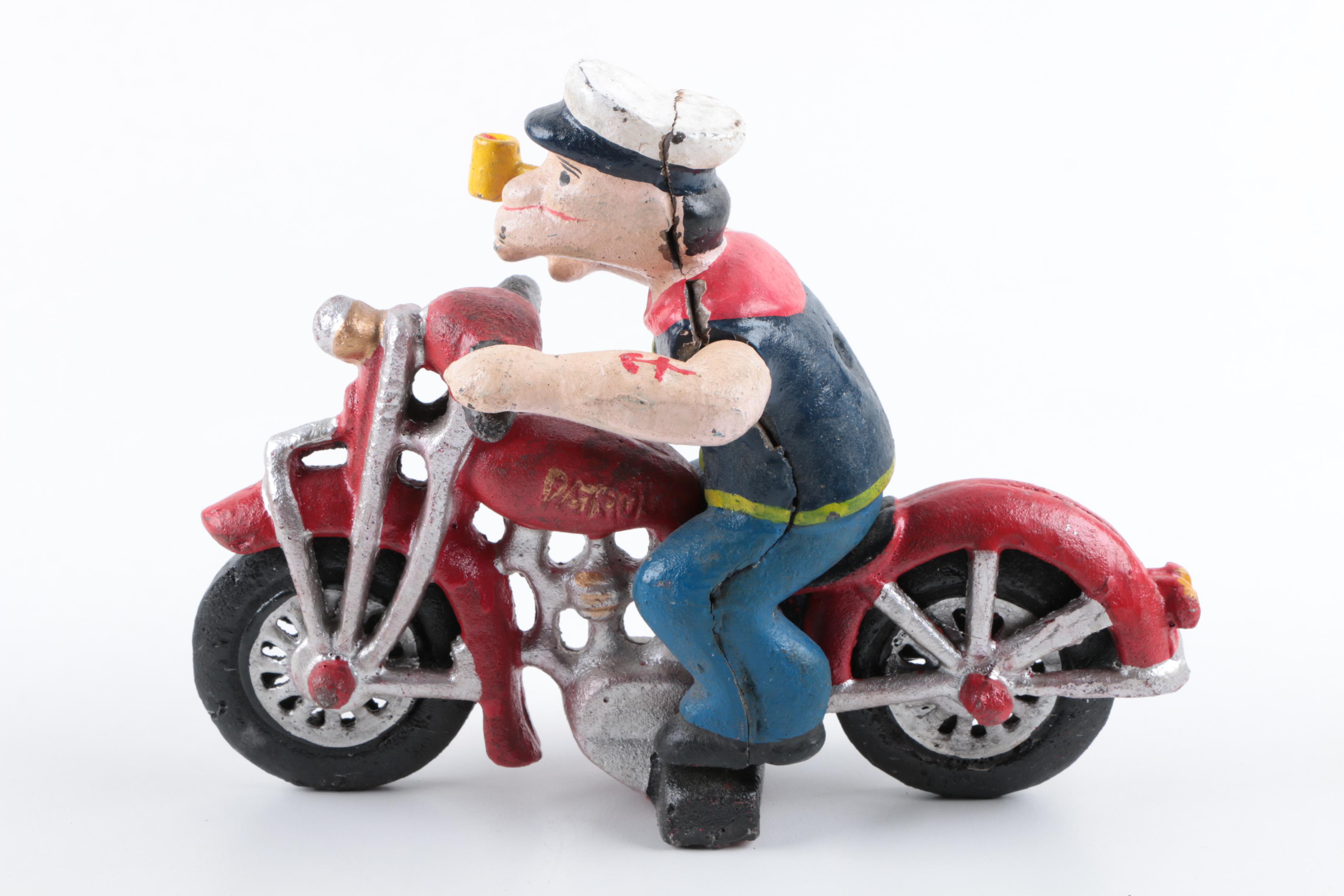 Reproduction Cast Iron Popeye on Motorcycle Toy