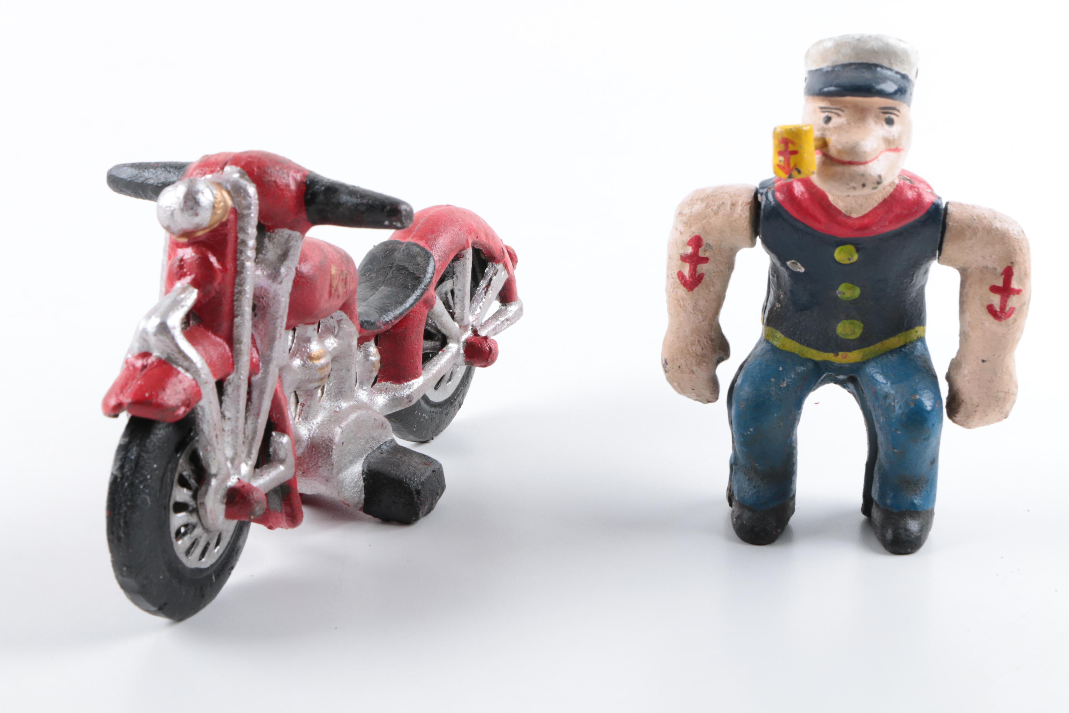 Reproduction Cast Iron Popeye on Motorcycle Toy