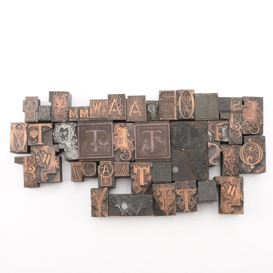 Antique Letterpress Drop Cap Initial Blocks Featuring Art Nouveau Styles