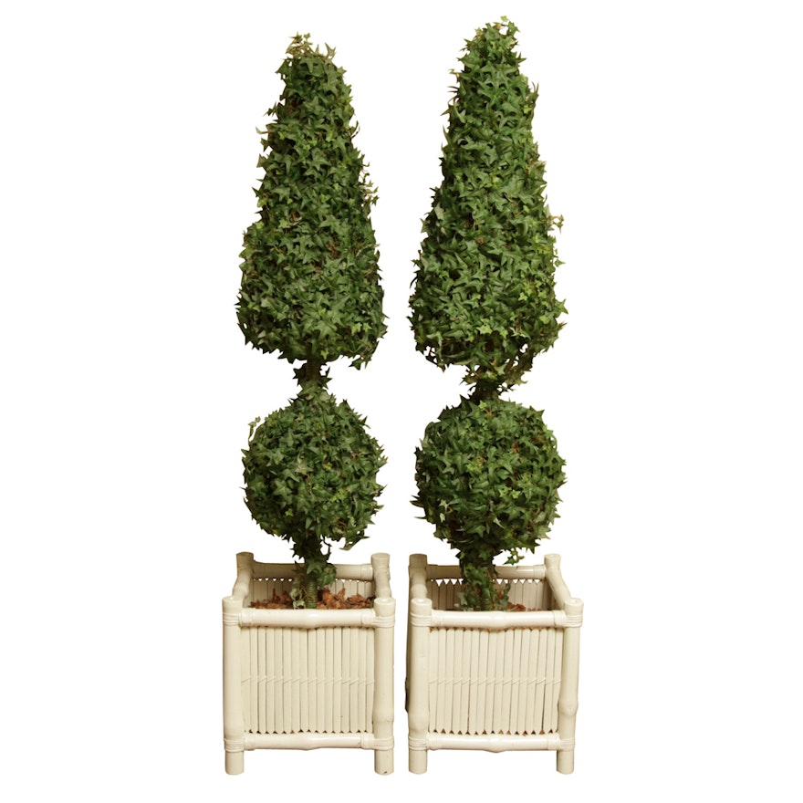 Faux Topiaries in White Wood Pots