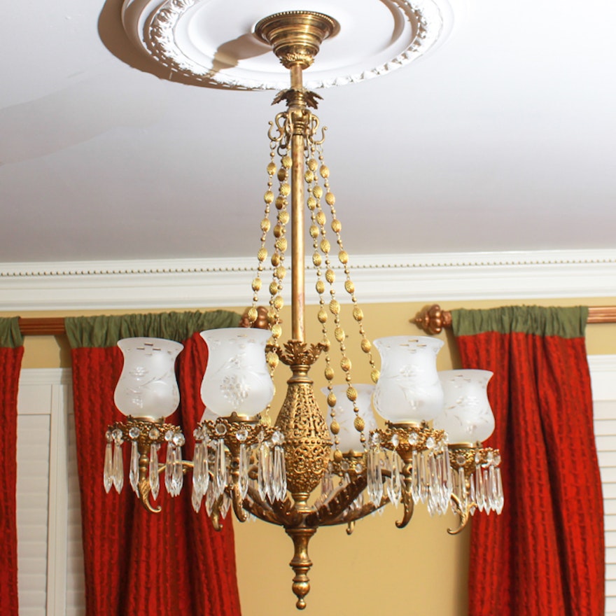 Ornate Metal Chandelier with Cut Glass Prisms