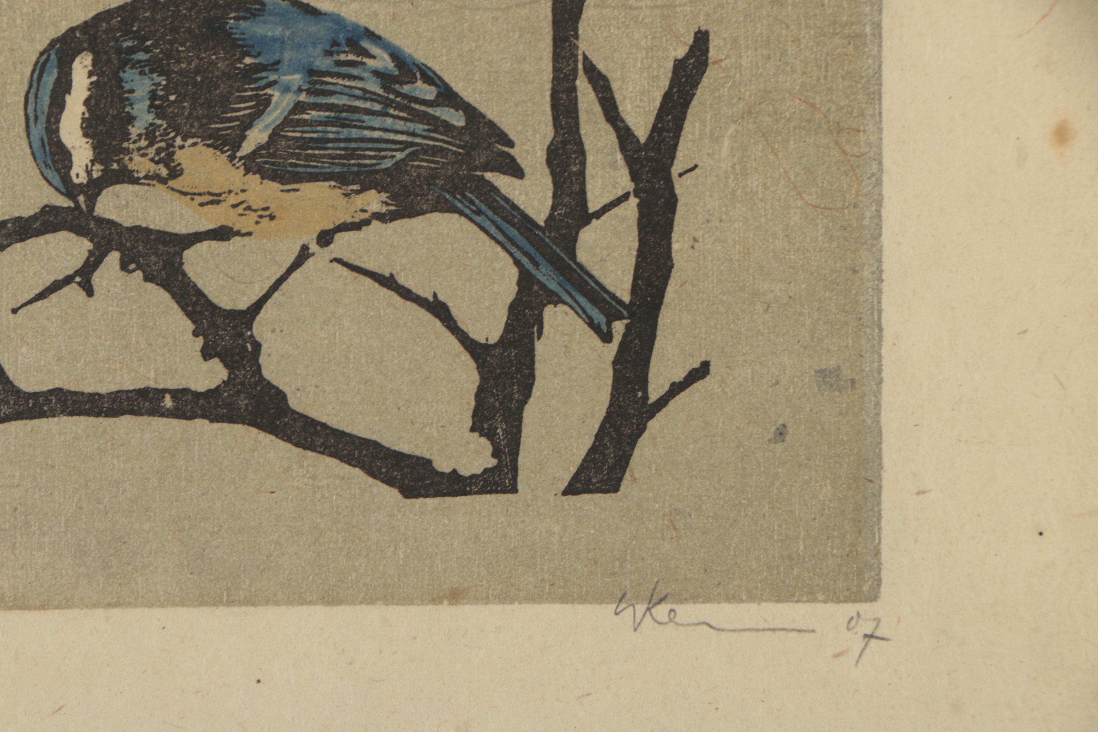 Hand-colored Woodblock Print of Birds