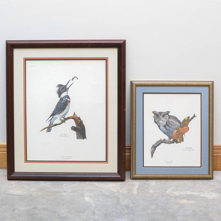 Ray Harm Photo Offset Lithograph Prints "Belted Kingfisher" and "Screech Owl"