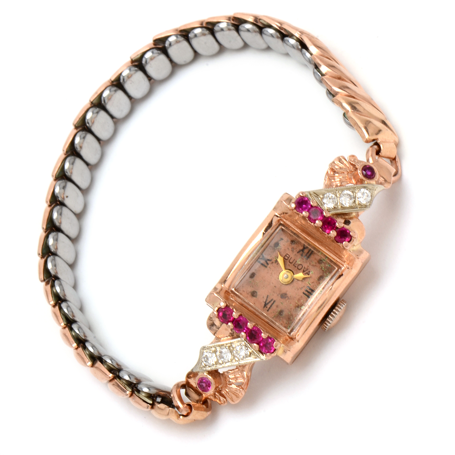 Vintage 14K Bulova Rose Toned Diamond and Synthetic Ruby Watch