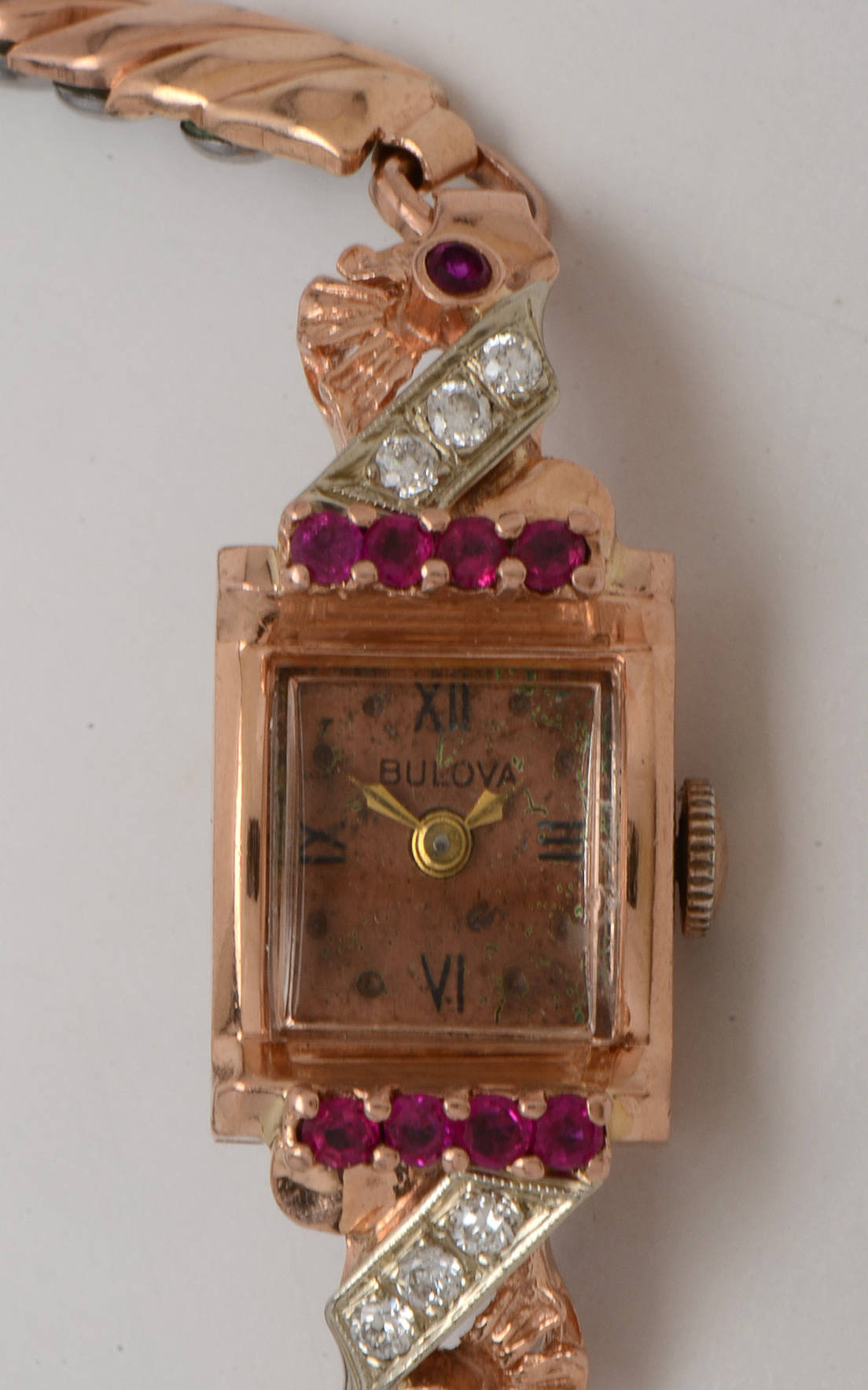 Vintage 14K Bulova Rose Toned Diamond and Synthetic Ruby Watch