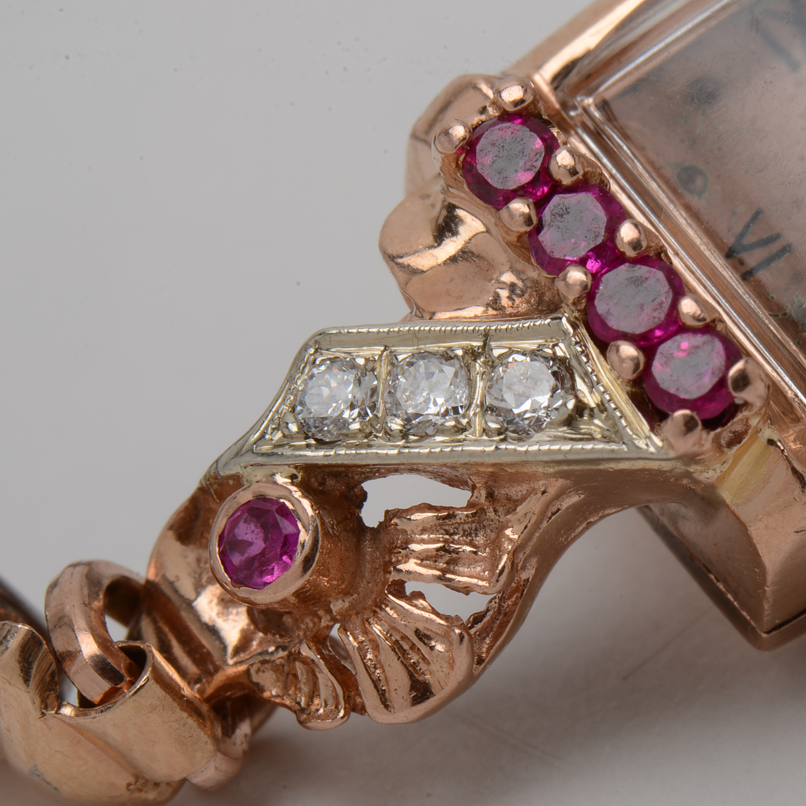 Vintage 14K Bulova Rose Toned Diamond and Synthetic Ruby Watch