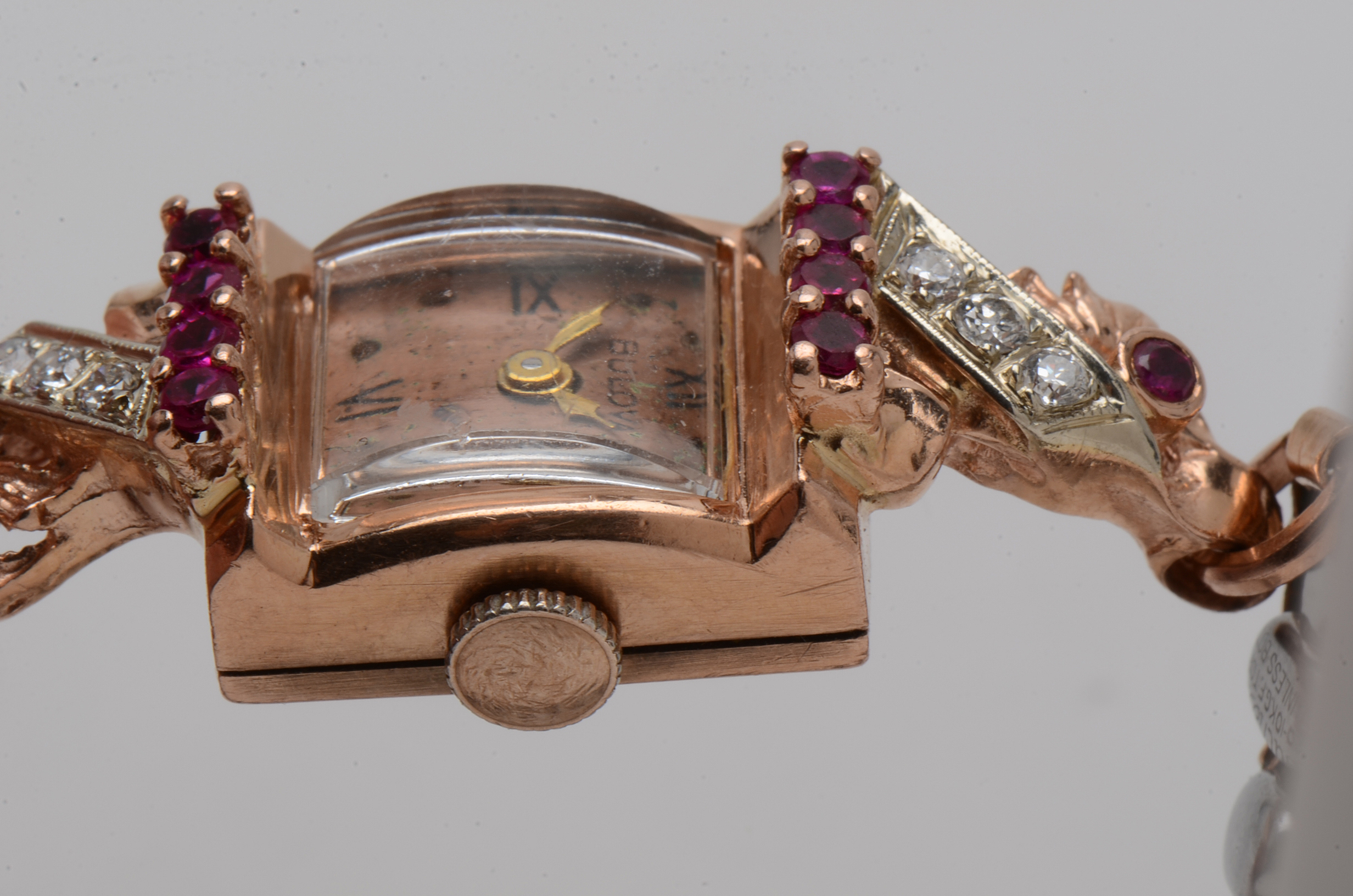 Vintage 14K Bulova Rose Toned Diamond and Synthetic Ruby Watch