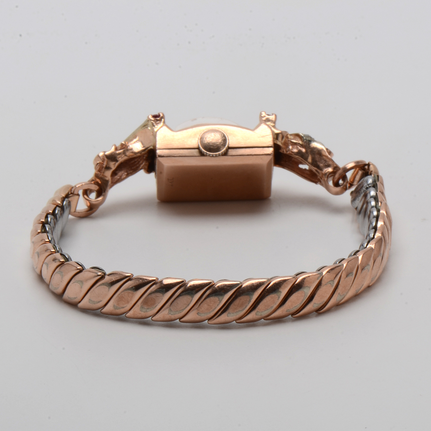 Vintage 14K Bulova Rose Toned Diamond and Synthetic Ruby Watch