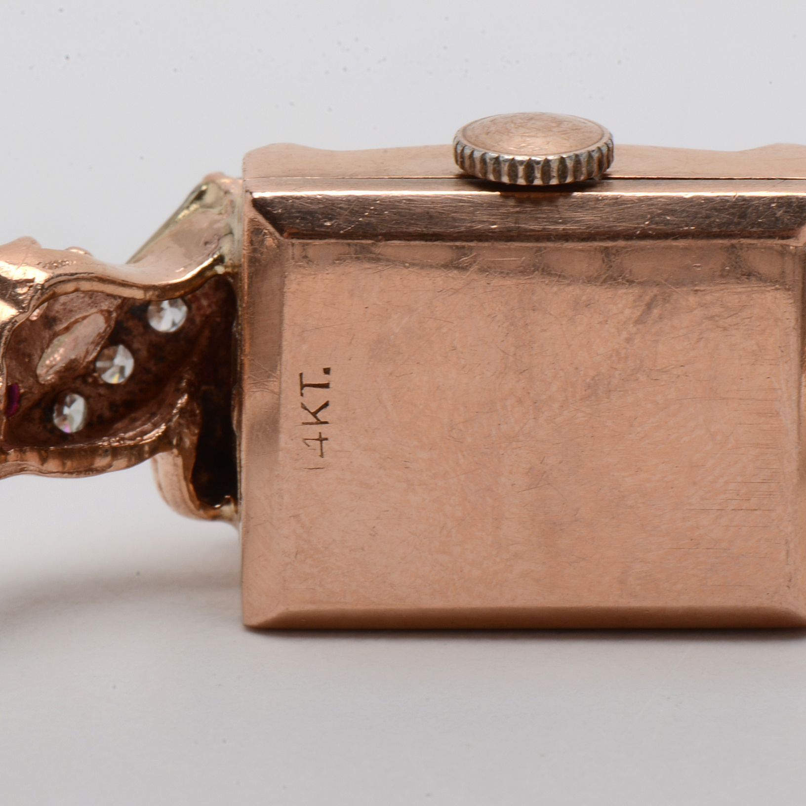 Vintage 14K Bulova Rose Toned Diamond and Synthetic Ruby Watch