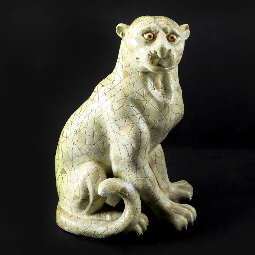 Ceramic Cat Figurine with Carved Geometric Accents