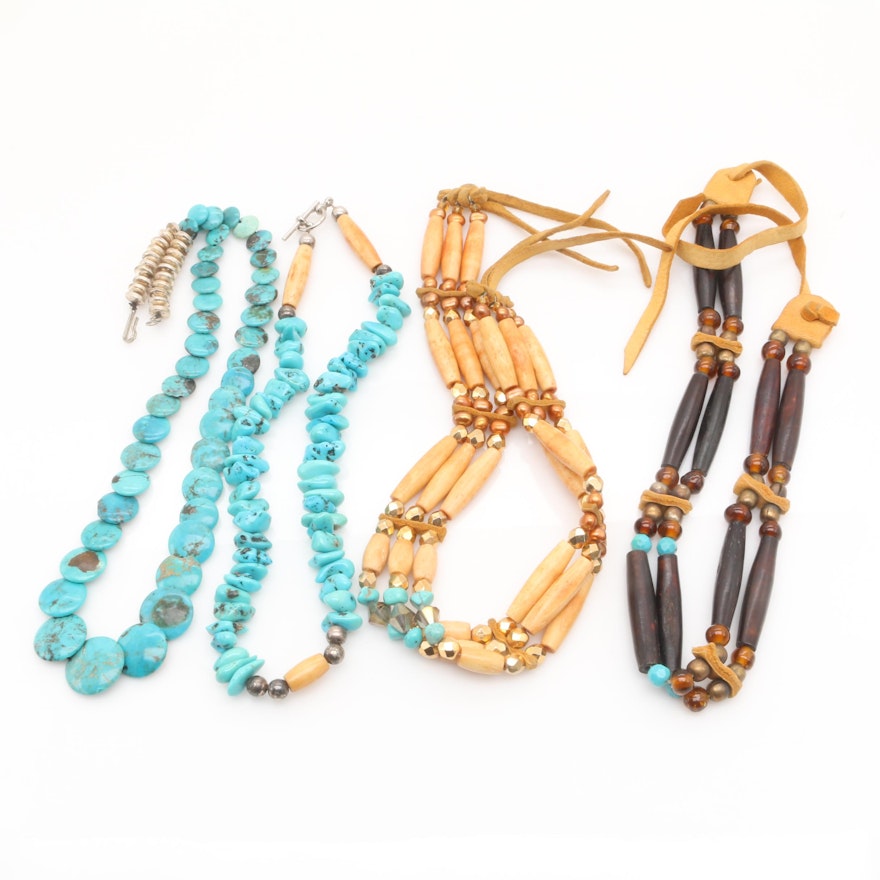 Group of Stabilized Turquoise, Bone and Wood Necklaces Featuring Tanned Hide