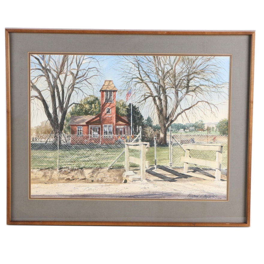 Gordon V. Butcher Watercolor Painting "Old Ballard School - California"