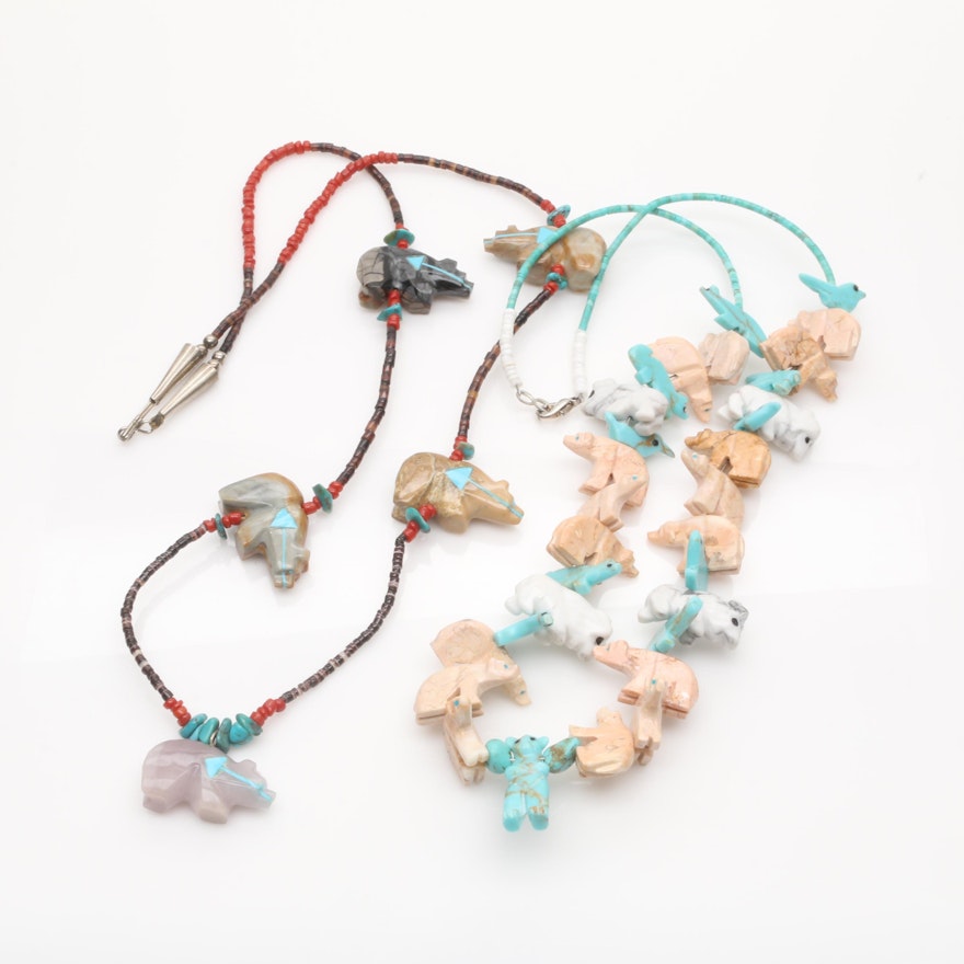 Southwestern Style Spirit Bear Fetish Necklaces with Coral and Jasper