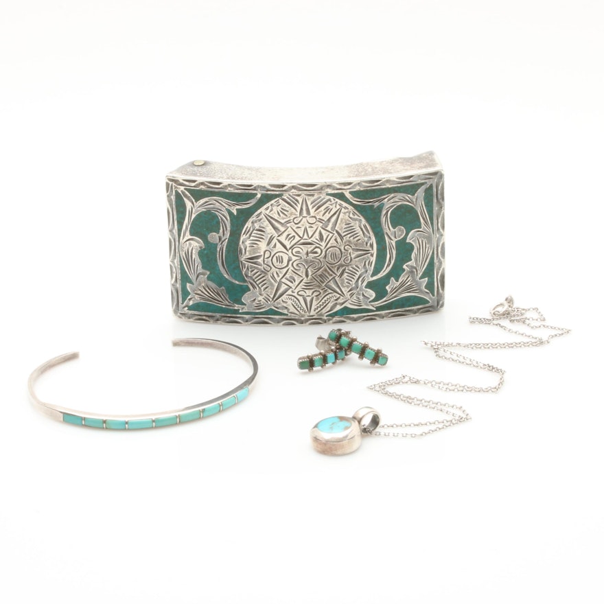 Southwestern Style Sterling Silver Turquoise Jewelry with Jalisco Belt Buckle