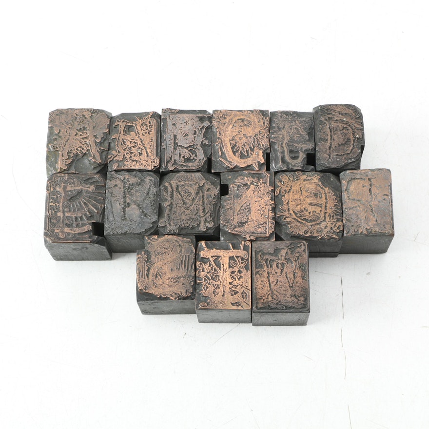 Antique Letterpress Drop Cap Blocks with Nature Motif