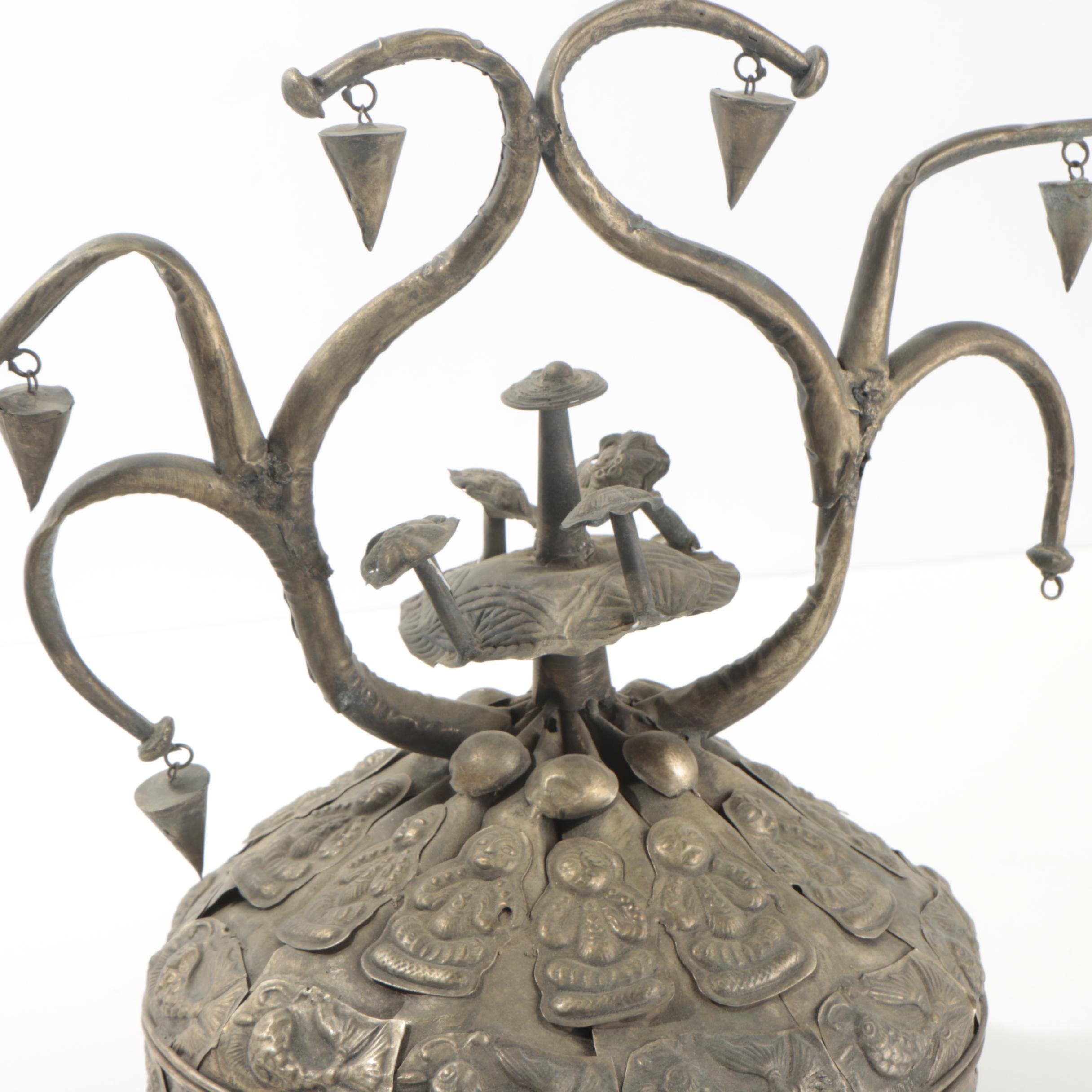 Chinese Miao-Style Silver Tone Metal Hat With Medallion and Charm Embellishments