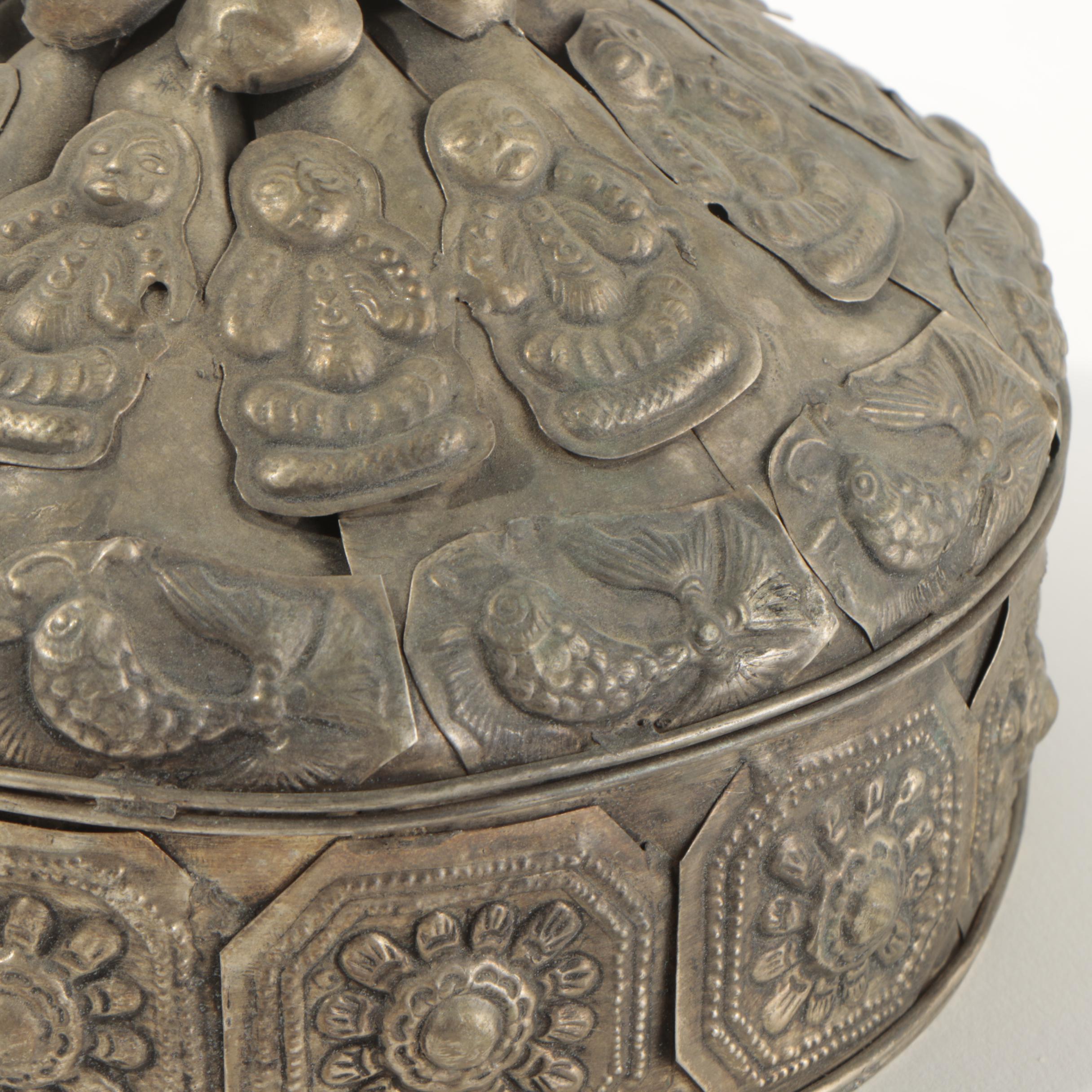 Chinese Miao-Style Silver Tone Metal Hat With Medallion and Charm Embellishments